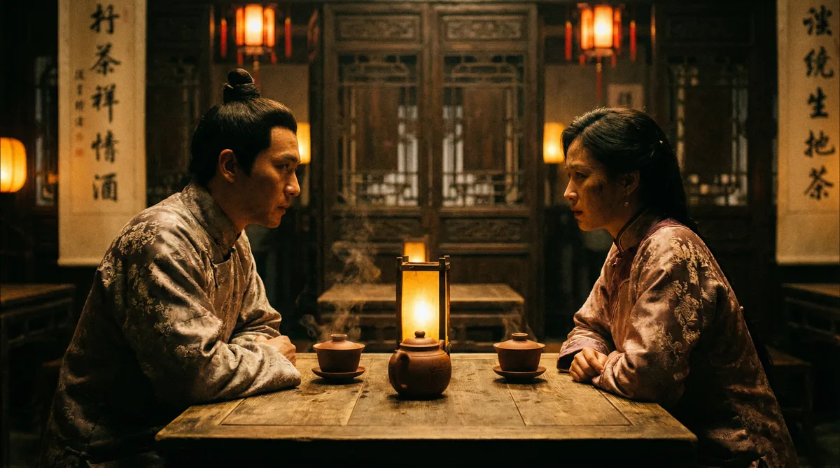 探花古装剧情片拍摄剧照-茶馆对话场景