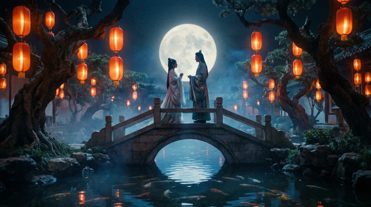 探花古典爱情片拍摄剧照-月下花园场景